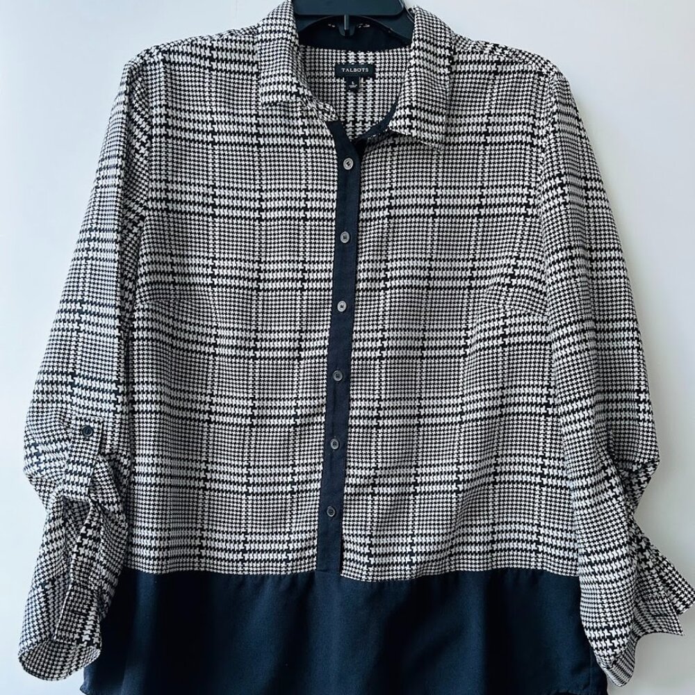 Talbots Black & White Geometric Long Sleeve Button Down Shirt Size L Preppy